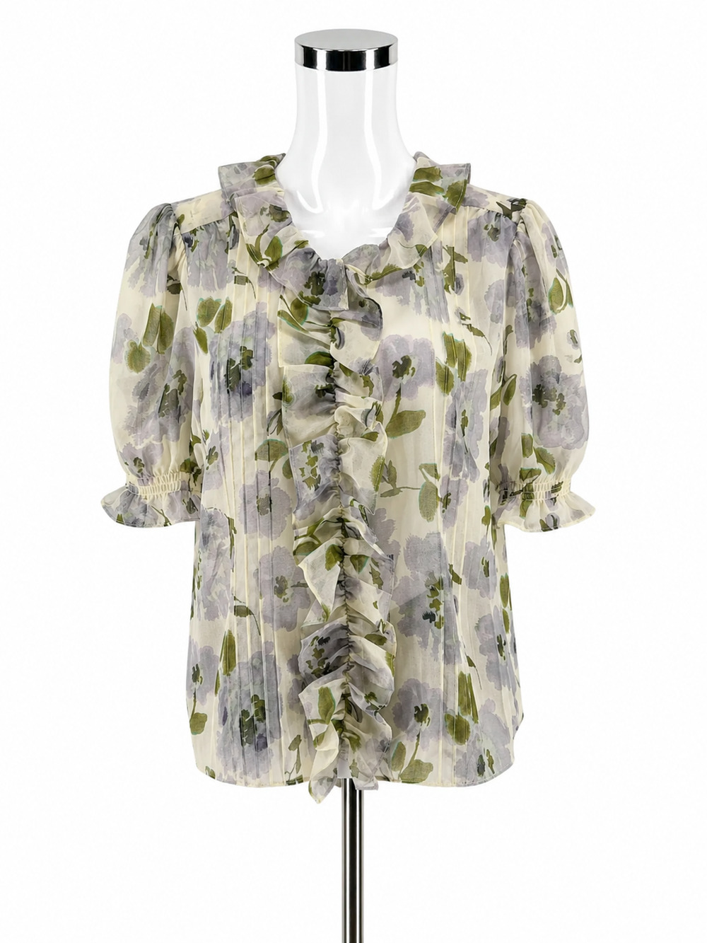 Cabi Spring Blouse Floral Pintuck Ruffle Top Cream Green Size Large